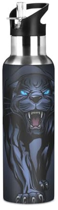 Mnsruu 20 Oz Water Bottle with Straw Roaring Black Panther Stainless Steel Water Bottle for Traveling Sports Leakproof Insulated Water Bottle