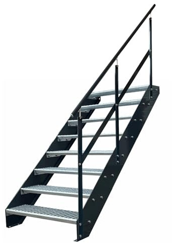 Kaminbau Mierzwa Premium Steel Stairs with Railing Right/Cheeks and Railing Anthracite RAL 7016/8 Steps Galvanised (Width 1400 mm) Height 152 cm Weatherproof Grate Step Garden Stairs