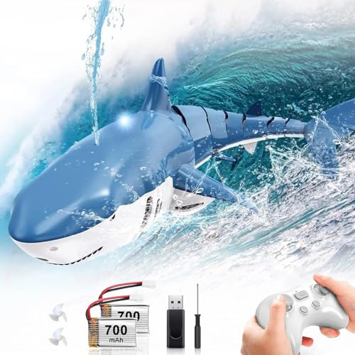 Pool Toy, Remote Control Shark Toy for Boys, Bath Toy for Kids, High Simulation Shark RC Boat Boy Toy with Light & Spray Water, Gift for 6+ Year Old Boys Girls, Blue