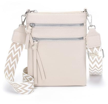 Vezluax kleine Umhängetasche Damen slim Handytasche zum Umhängen Leder Crossbody Bag mit Reißverschluss Schultertasche für Frauen Reise Geschenk Beige Weiß