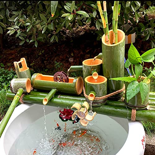 Fuente de Agua de bambú Natural, Fuente de Mesa con Rueda de Agua y Bomba, Fuente de Agua Decorativa rústica para Interiores y Exteriores para Ambiente Zen,30cm