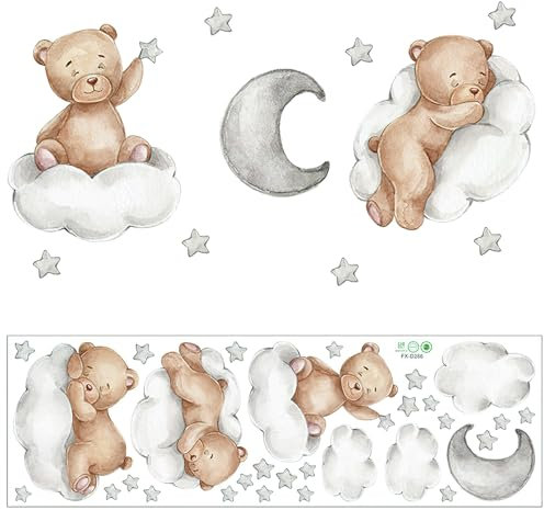 Wandsticker Teddybär, Wandtattoo Stern Mond Bär Auf Der Wolke Lichtfarbe Babyzimmer Wandaufkleber Selbstklebend Kinderzimmer Tiere für Mädchen Junge Schlafzimmer Wanddeko Schrank Deko, 90 x 30 cm
