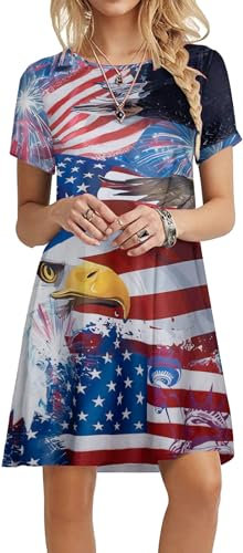 FASHGL Damenkleid mit amerikanischer Flagge, kurzärmelig, Sternenstreifen, USA-Kleid, patriotisches Sommer-T-Shirt, Blau - Adler, Klein