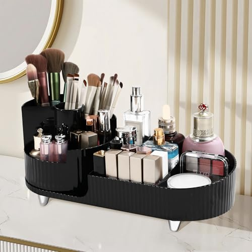 Wlicon Kosmetik Organizer Rotierender Makeup Organizer, Kosmetischer Vitrine Runder Eitelkeits Kosmetische Aufbewahrungs Display Box für Hautpflege, Pinsel, Lidschatten, Lippenstift(Schwarz)