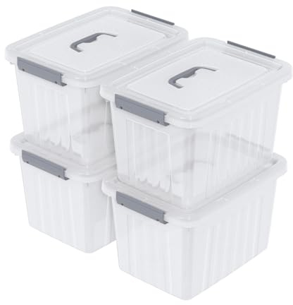 Nihenok Set of 4 Plastic Storage Boxes with Lids and Handle, 10 L Clear Stackable Nestable Container