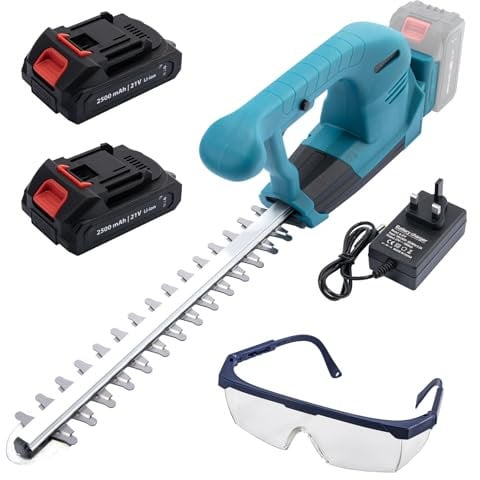 CHANGEMOORE 21V Cordless Hedge Trimmer with 2x2.5Ah Battery, Charger and Goggles - 18500RPM Battery Hedge Trimmer for Hedge, Shrubs, Bushes - 2.1kg Light, 38cm Dual-Action Blade, 15mm Tooth Opening
