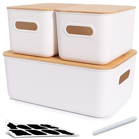 Citylife Lot de 3 boîtes de rangement avec couvercle en bambou blanc - Boîte de rangement en plastique pour l'organisation - Panier de rangement empilable avec poignée pour salle de bain et cuisine