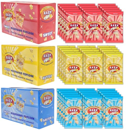Microwavable popcorn kernels VEGAN, NO SUGAR (48 bags) - sweet butter salted pop corn - Eazy Pop Microwave popcorn (48 x 85g Assorted)