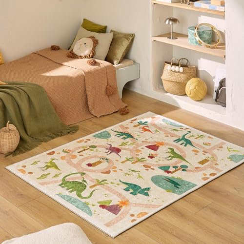 Nazar Kinderteppich für Kinderzimmer, Babyteppich, für Mädchen und Jungen, Motiv Dinosaurier, Weltkarte und Tiere (737 beige, 120x160 cm)