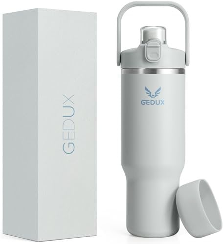GEDUX 1000ml Edelstahl Tumbler mit Griff und Strohhalm, Vakuumisolierte Wasserflasche mit 2-in-1 Deckel (Schluckdeckel/Straw Deckel) und Silikonboden