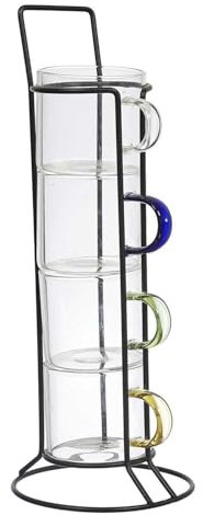 HOME DECO FACTORY, KA0498, Tasse Expresso en Verre avec Support, Design Moderne et élégant, idéal pour café, thé et Desserts, Facile à Nettoyer, Set de 4, Transparent, Multicolore, 80ml