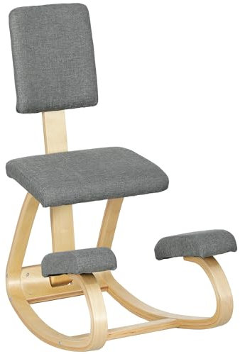 HOMCOM Kniesitz, ergonomischer Schaukelstuhl aus Holz mit Rückenlehne, Kniestuhl für das Heimbüro, Verbesserung der Körperhaltung, Rückenschmerzen, grau