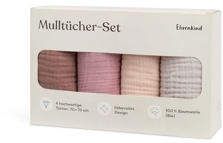 Ehrenkind® Mulltücher Baby 70x70 cm Premium Spucktücher für Neugeborene | Weiche Musselintücher im 4er-Set | Perfekt als Neugeborenen Geschenk & Baby Erstausstattung | Rosé