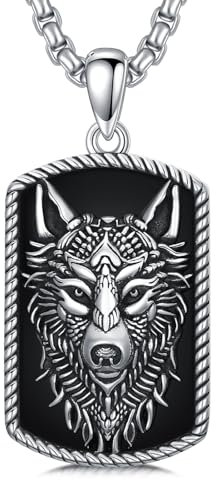 PROESS Wikinger Wolf Kette 925 Sterling Silber Wolf Halskette Schwarzer Onyx Wolfs Anhänger Tierwolf Schmuck für Männer und Frauen
