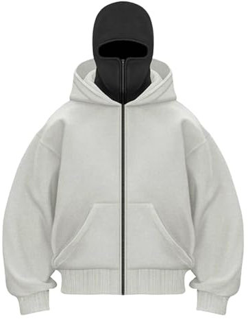 CCOOfhhc Balaclava Zip Hoodie Herren Ninja Hoodie mit Sturmhaube Oversized Jacke mit Doppel Kapuze Y2K Hoodie mit Fleece Winddichte Übergangsjacke Winter Motor Fahrrad Mask Jacke 2025
