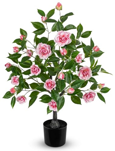Oairse Artificial Camellia Tree 90cm Faux Pink Flower Tree in Black Pot, Large Fake Potted Plant Indoor, Realistic Artificial Flowering Tree for Living Room, Office, Bedroom Home Decor