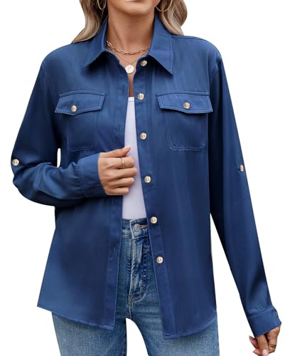 MINTLIMIT Womens Denim Shirt Long Sleeve Button Down Shirt Casual Lightweight Jean Shirt Jacket Vintage Denim Blouses Tops with Pockets