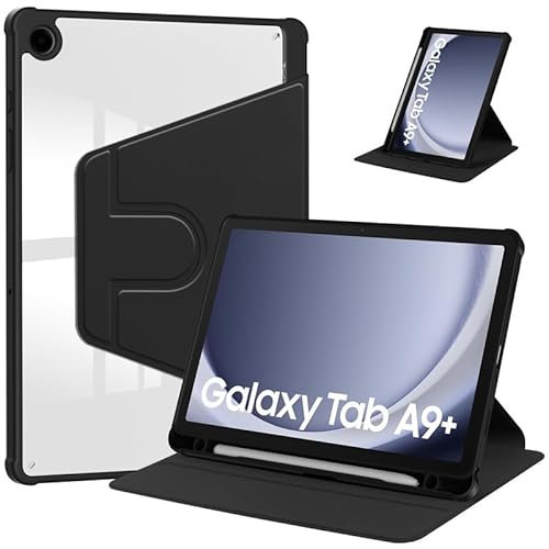 Haofun Custodia Compatibile con Samsung Galaxy Tab A9+/A9 Plus, Cover Protettiva Girevole a 360 Gradi con Supporto Pieghevole/Fessura per Penna, Pelle PU + Custodia in Acrilico Trasparente, Nero