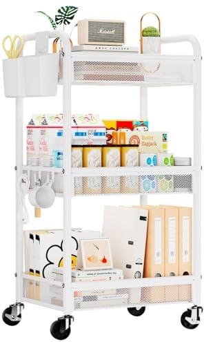 YASONIC 3 Tier Rolling Cart – Metal Utility Storage Carts with Wheels, Craft Carts Organizer with Hanging Cups, Hooks, Mesh Basket for Bedside Kitchen Office Art, White