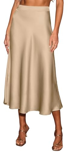 CUPSHE Damen Satin Midirock Elegant A-Linie Hochtailliert Leicht Meerjungfrau Rock Für Büro Abend Freizeit Beige M