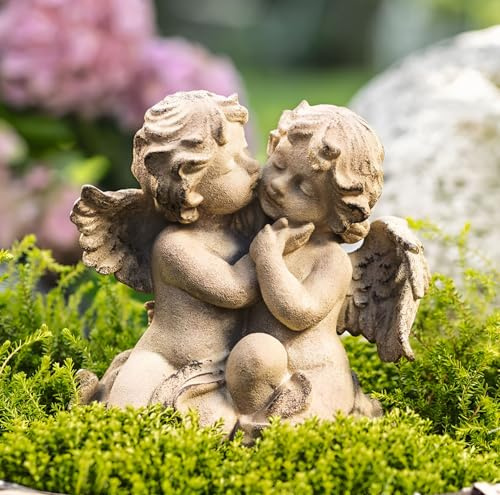 Dekoleidenschaft Dekofigur Engel Küsschen Engelpaar aus Polyresin, Engelstatue wetterfest, Outdoor Gartendeko, Hochzeitsdeko, Grabdeko, Weihnachtsdeko