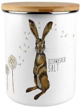 Purely Home Hares & Dandelions Dishwasher Salt Canister - Countryside Animals Extra Large Enamel Kitchen Storage Container/Gift
