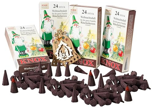 Knox RÄUCHERKERZEN Weihnachtsduft – 4er Pack (96 Stück) – KLASSISCHER WEIHNACHTSDUFT – Tradition Erzgebirge – für Räucherhäuser & Figuren – mit Holz-Ornament – MaMeMi