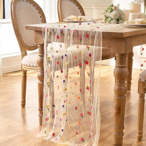 Tischläufer Champagner Beige Besticktes Gänseblümchen Herbstblumenmuster, Saisonal Tüll Tischläufer, Tischband Esstischdekoration für Hochzeit, Zuhause, Party, Drinnen und Draußen, 75x300 cm