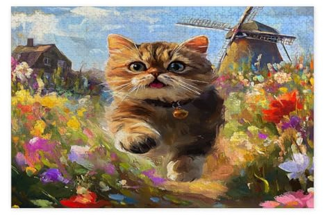 Spring Exotic Shorthair Cat Jigsaw Puzzles for Adults 10000 Piece, Country Garden Kitten Wooden Puzzles, Fun Flower Pet Pattern Decorations for Home Entertainment