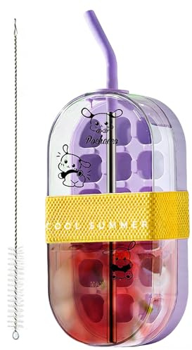 Botella portátil para hacer hielo | Botella Reutilizable 2 en 1 con Pajita - Bandeja para Hielos Casera Sin Contacto - para Cocina, Oficina, Viajes, Camping, Senderismo, Picnic, Cócteles,