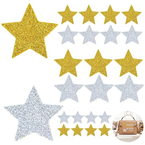 24 Stück Sterne zum Aufbügeln Gold Silber, Glitzer Strass Stern Patches Set in 4 Größen (2/4/6/8cm), Bügelbilder für Textilien Kleidung Jeans Jacken, Hochwertige Applikationen zum Aufnähen Basteln