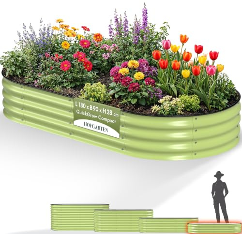 HOFGARTEN Aiuola Rialzata da Esterno 180x90x28, Acciaio Zincato, Verde | Orto rialzato con grande superficie di coltivazione, fondo aperto, stabile e resistente alla corrosione, montaggio facile