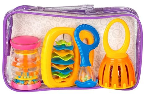 Halilit Baby Band Musical Instrument Gift Set. 4 Piece Babies Sensory Music Toy Set Includes Rain Maker, Clip Clap, Cage Bell, Baby Maraca & Clear Carry Case. Suitable for Baby Boys & Girls 6 month +