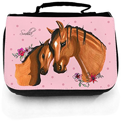 Waschtasche Waschbeutel Kulturbeutel Kosmetiktasche Reisewaschtasche Pferd mit Fohlen Punkten Blumen und Wunschnamen wt114