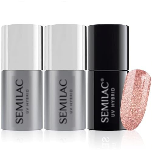 semilac Base + Top + 094 pink gold UV-LED-Nagellack-Gel Hybrid Maniküre Soak Off Glitter Pink Gold Farbe Coat