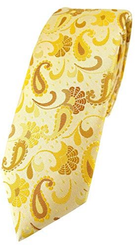 TigerTie - schmale Designer Krawatte in gelb senfgelb gold Paisley gemustert