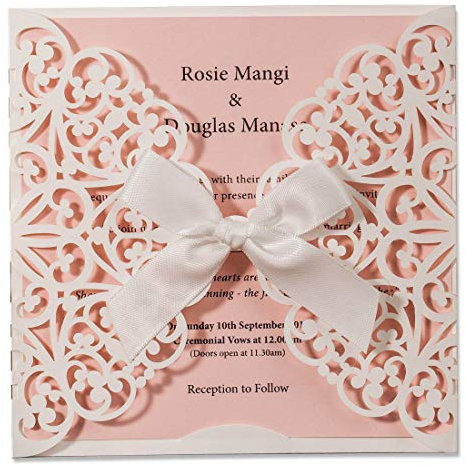 FLZOPYNE 20x Hochzeits Einladungskarten für Geburtstag Taufe Weiß & Rosa Blumen Lasercut Design Mit Seidenband Schleife Set, 20 Stück inkl Umschläge und Aufkleber