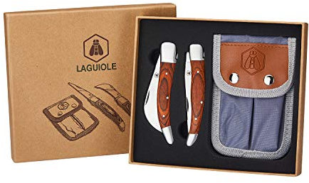 LAGUIOLE - Set de 2 Couteaux Pliants avec Etui - Idéal pour Jardinage - Manches en Bois de Pakka