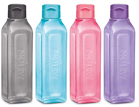 MILTON Sports Water Bottle Square Juice Box 4 Set Great for Juices Milk Smoothies Plastic Wide-Mouth Reusable Leak Proof Drink Bottle/Carton for School Bags Lunch Boxes Gym Flip Lid -BPA Free - 32 oz