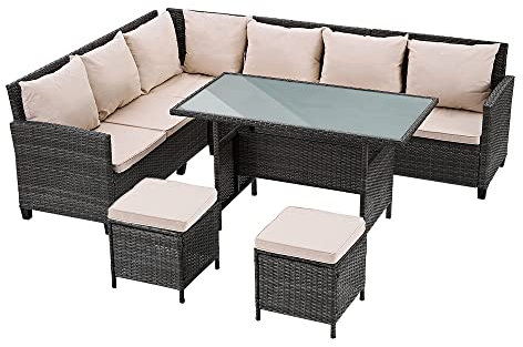 Panana 8-Seater Rattan Corner Sofa Set with Table & Stool, Outdoor Wicker Patio Lounge Furniture Set for Garden, Patio, Balcony, and Conservatory (Mixed Grey Wicker with Beige Cushions)