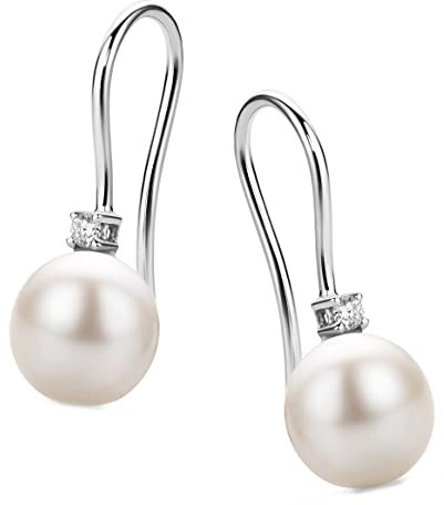 Orovi Schmuck Damen goldene Perlen Ohrhänger mit weiße Süßwasserzuchtperlen und 2 natürlichen Diamanten im Brillantschliff 0.06CT Zeitlose klassische Durchzieher Ohrringe Weißgold 14 Karat (585) Gold