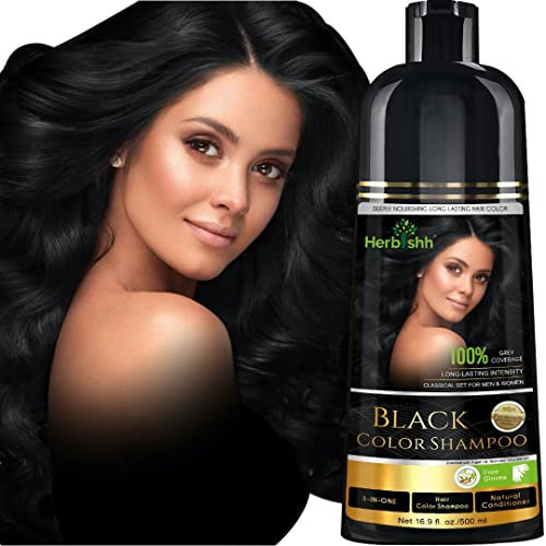 Herbishh Haarfärbeshampoo für graues Haar – Haarfärbeshampoo – Färbt das Haar innerhalb von Minuten – Langanhaltend – 500 ml – 3-in-1-Haarfarbe – Ammoniakfrei (Black)