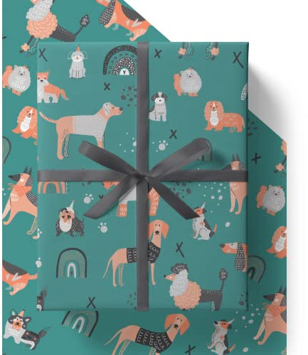4 x Hunde-Geschenkpapier – 43 % größer [84 cm x 60 cm] Premium-Öko-Geschenkpapier für Geburtstagsfeier für Männer, Frauen oder Kinder, die Hunde lieben (4 Bögen und 4 Etiketten)