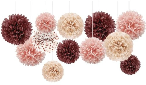NICROHOME 12 Stück Elegante Rose Party Deko, Rosa Seidenpapier Pompoms mit Goldene Wellen Punkt, Tissue Paper Papierblumen für Hochzeitsdeko, Geburtstag, Brautdusche, Babyparty