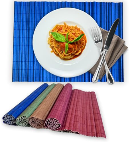 Stuoia Tovagliette Da Tavola Sottopiatto in Bamboo Lavabile - Set Da 4 Tovagliette Rettangolari Colorate (30x43cm) - Stuoia Fatte Con Bacchette di Bambù Resistente per Tavolo da Pranzo|Cena