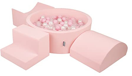 KiddyMoon Aire De Jeux en Mousse avec Rond Piscine À Balles (300 Balles) Fosses À Boules pour Enfants Jouets Parcours Obstacles, Fabriqué en UE, Rose:Rose Poudre/Perle/Transparent