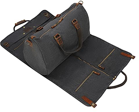 CRUITBILI 2 in 1 Canvas Leder Anzuggepäck Kleidersack mit Schultergurt für Reisen und Geschäftsreisen Schwarz American Casual