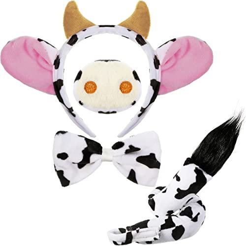 Aoriher 4 Stück Kuh Kostüm Set Ohren Hörner Stirnband Kuh Nase Fliege und Schwanz Kostüm Set Zubehör für Kinder Halloween Karneval Welttag des Buches Cosplay