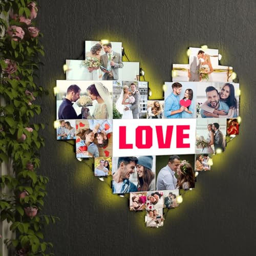 Personalisierte Multi-Herz-Foto-Collage-Wandleuchte LED-Nachtlicht Dekor benutzerdefinierte Herz-Collage Bilderrahmen Geschenke für Paare Freunde Familie personalisierte Acryl-Foto-Wandleuchte