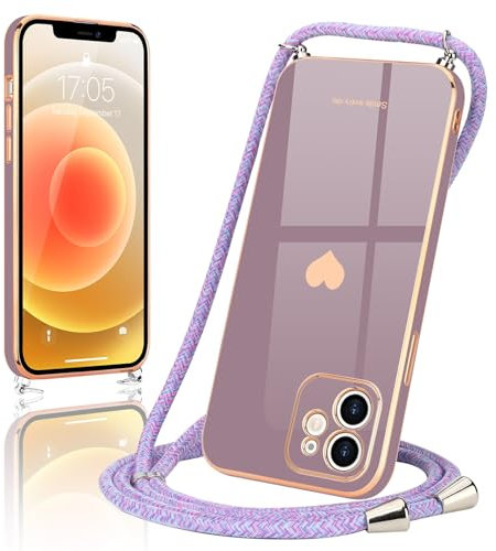 Wirvyuer Handyband Kompatibel mit iPhone 12 Handyhülle Necklace Hülle mit Band zum Umhängen Kameraschutz Liebesherz Schutzhülle mit Halsband Galvanik Silikon Umhängetasche für iPhone 12 Lavendel